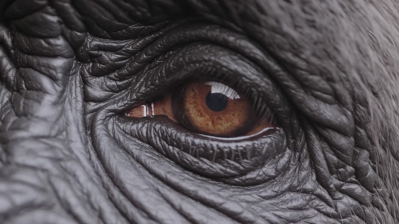 Close-up video angle of a gorilla's eye, capturing intricate details and textures of the skin