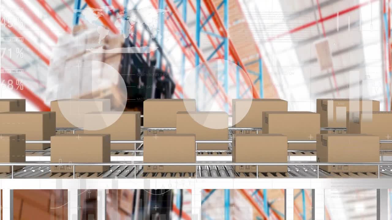 상자를 가진 컨베이어 벨트 위에서 통계 처리의 애니메이션