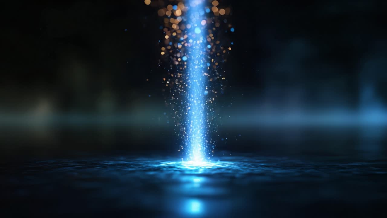 A stunning visualization of a mesmerizing blue and golden spark effect emanating from the surface of a tranquil body of water, capturing motion and light beautifully