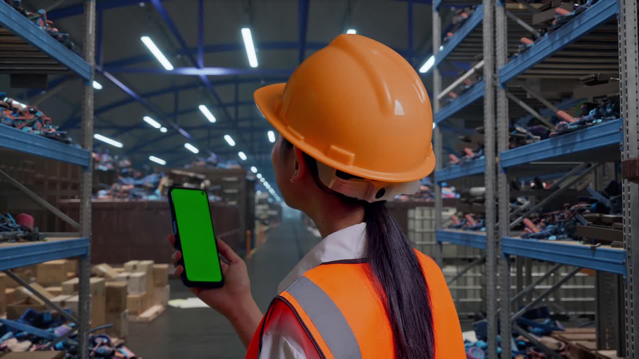 Close Up Back View Of Asian Female Engineer With Safety Helmet Working On A Green Screen Smartphone And Looking Around, Industrial Scrap Metal and Recycling Warehouse
