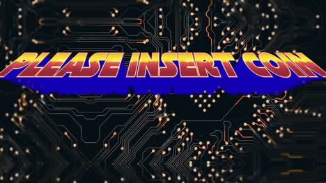 animación de por favor insertar texto de moneda sobre placa de circuito de computadora y procesamiento de datos