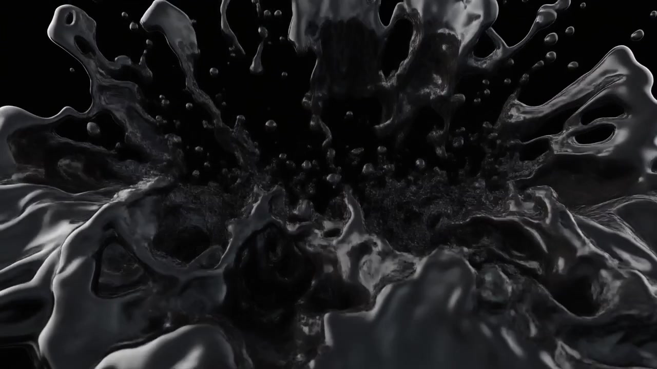Liquido nero astratto che schizza e si solleva su sfondo nero