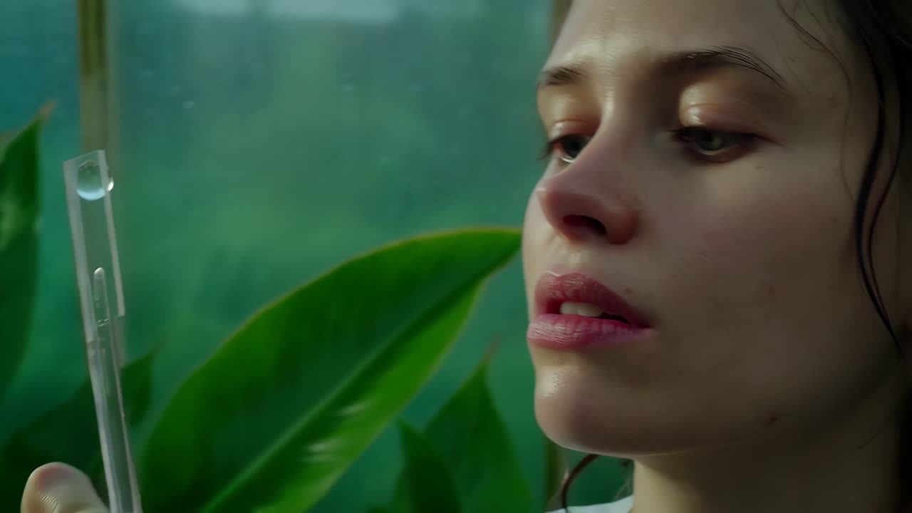 Young Woman Examining a Liquid Droplet in a Greenhouse