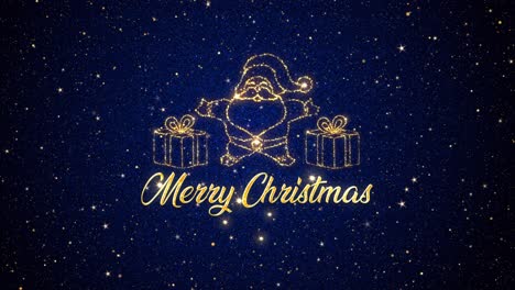 beautiful seasonal animated motion graphic of santa clause with gifts depicted in glittering particles on a starry background, with the seasonal message �merry christmas� appearing