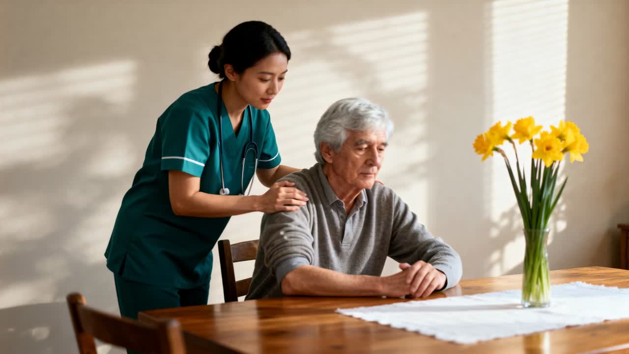 Un'infermiera in divisa medica si china, sostenendo le spalle di un anziano al tavolo da pranzo, fornendo assistenza vicino ai narcisi.