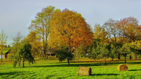 Statische-Aufnahme-Von-Sonnenstrahlen,-Die-Durch-Bäume-über-Einer-Grünen-Wiese-Mit-Heuballen-Scheinen,-Im-Zeitraffer-Den-Ganzen-Tag-über