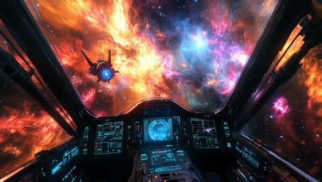 spacecraft cockpit view through a nebula