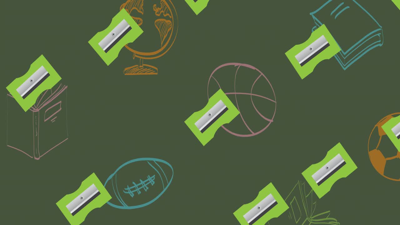 반복되는 녹색 연필 날카로움의 애니메이션이 녹색 칠판에 공과 책 doodles를 이동