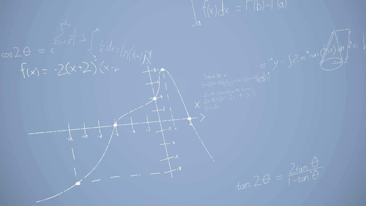 파란색 배경 위의 수학 방정식의 애니메이션
