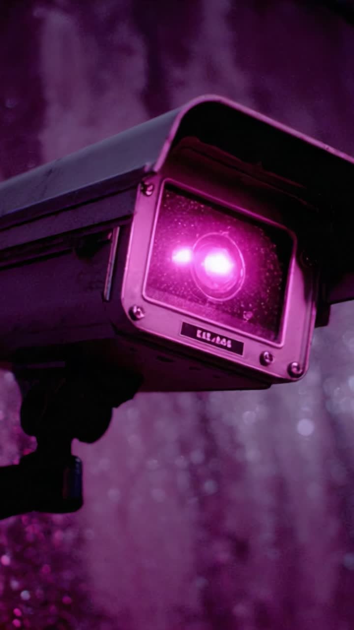 A Mysterious Security Camera Illuminated in Vibrant Purple Light, Capturing Attention with Its Unique Design and Striking Color Palette, Ideal for Creating Suspenseful Atmospheres
