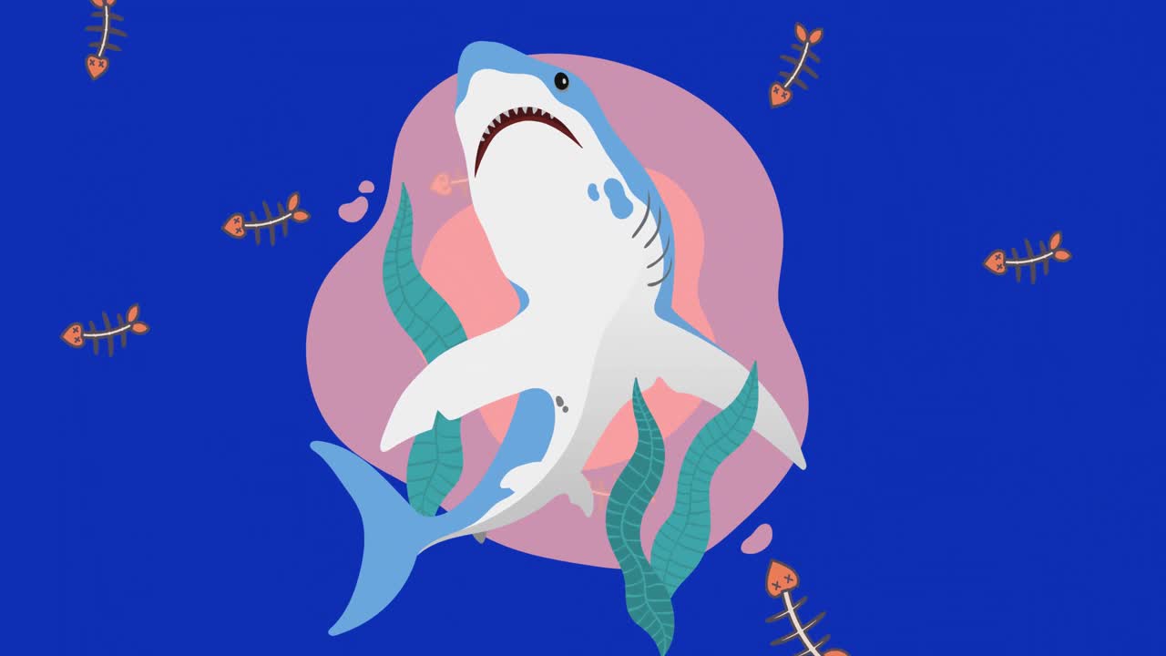 animación de tiburón en fondo rosa y azul