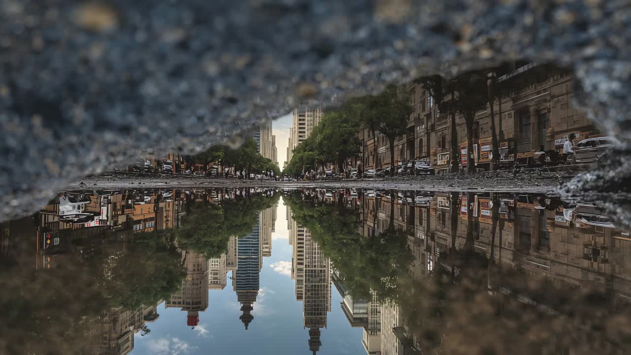 Shimmering mirrored skyline shaking in puddle at avenue, commuters in coats and cars making ripples