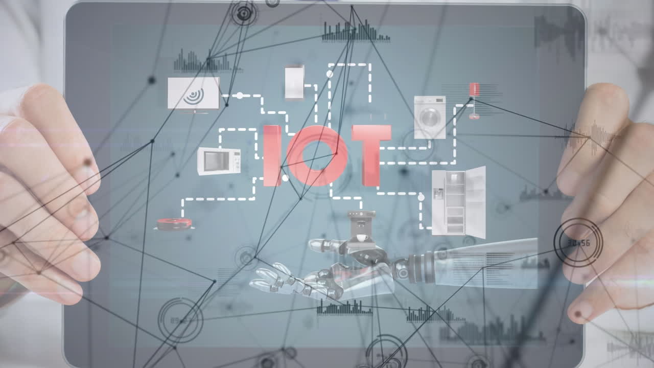 로 ⁇  손과 아이콘을 가진 태블릿을 들고 있는 손을 통해 연결 네트워크의 애니메이션