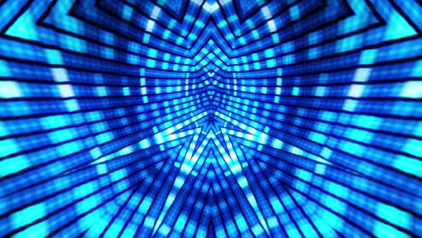 infinite loop flicker blue rotating kaleidoscope tunnel of shining blue neon color lights. 4k abstract digital tunnel sectors. cyber colorful led wall and light shine rotating animation. geometric vj loop.