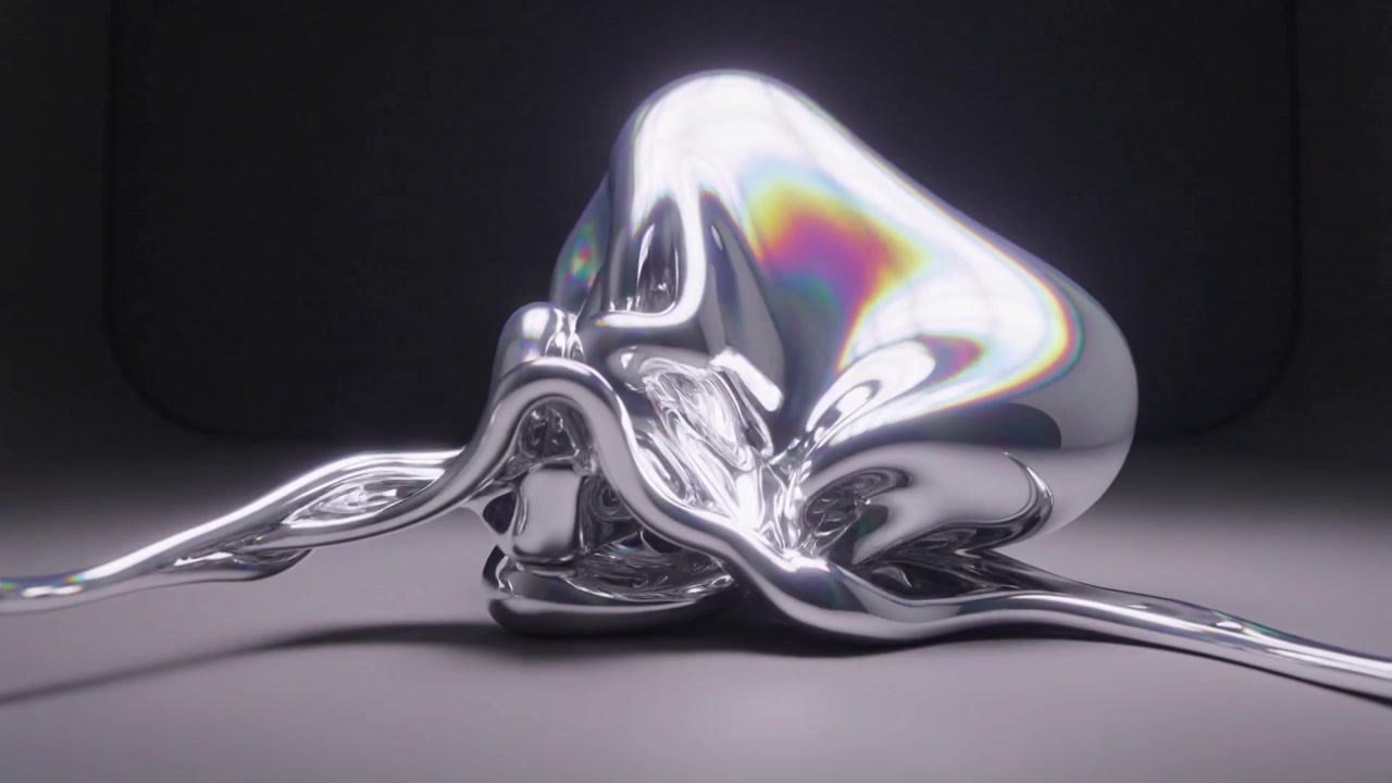 Animation starting, chrome form morphing and flowing on gray floor under overhead light, dark panel