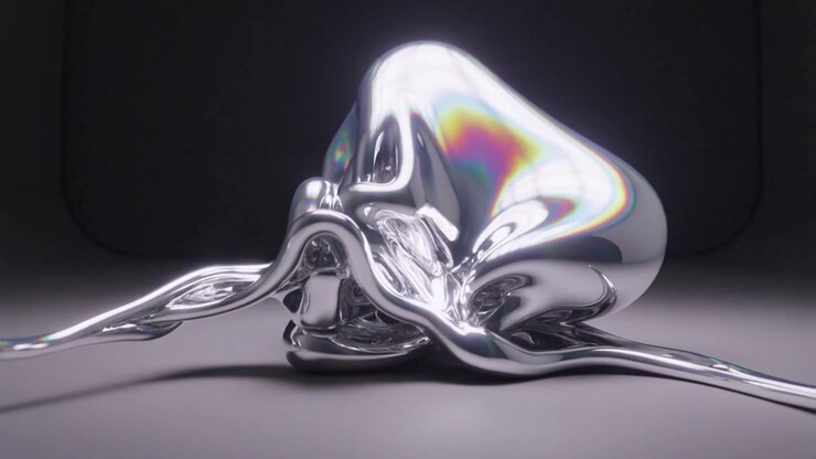 Animation starting, chrome form morphing and flowing on gray floor under overhead light, dark panel