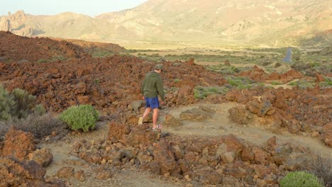 volcanic landscape of teide national park with lonely person walking