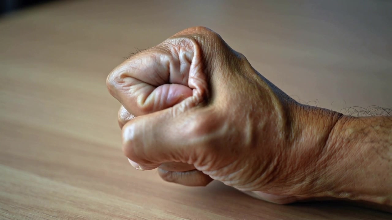 Viser en ældre hånd, der strammer og derefter folder sig ud på et træbord efter et lille ryk, med en metalring.