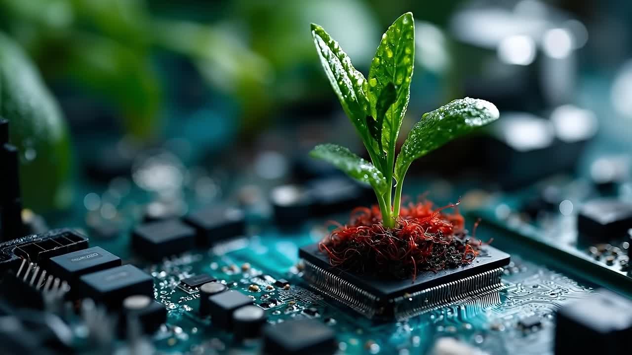 A small plant growing out of a computer motherboard