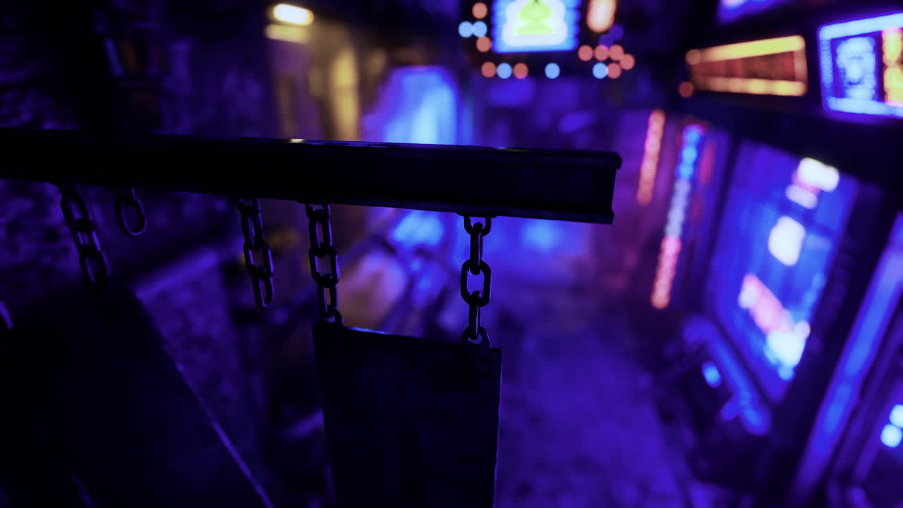 Neon lit alley with futuristic decorations and vibrant colors during nighttime