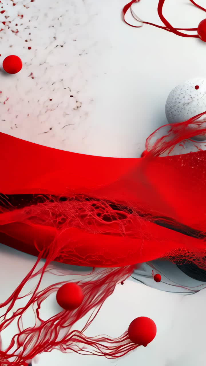 A red and white abstract painting with white and red spheres. The painting has a sense of movement and energy, with the red and white colors creating a dynamic contrast