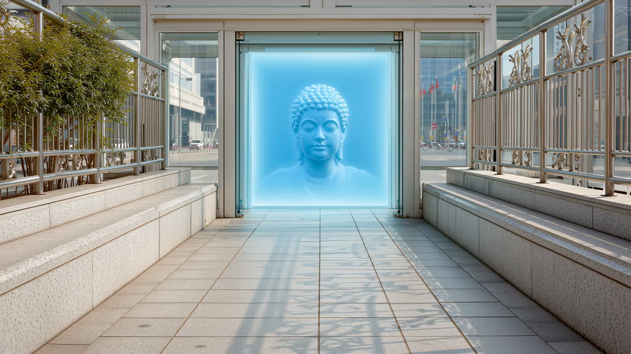 Buddha statue glowing in urban entrance. A serene blue Buddha statue stands in a modern urban entrance, creating a peaceful atmosphere amidst the city