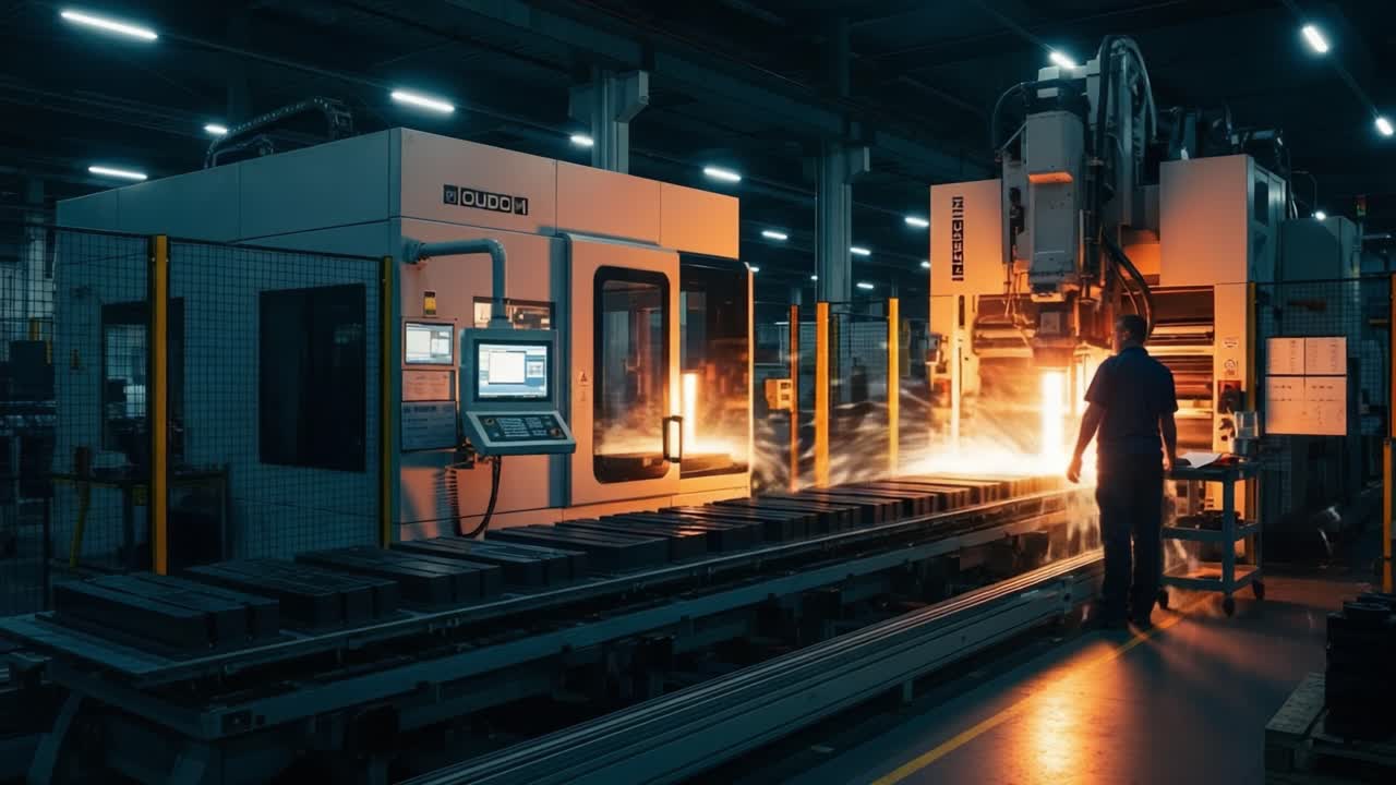 A Worker Operates Advanced Machinery in a Production Facility, Creating Sparks and Light Amidst a High-Tech Manufacturing Environment