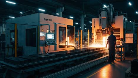 a worker operates advanced machinery in a production facility, creating sparks and light amidst a high-tech manufacturing environment