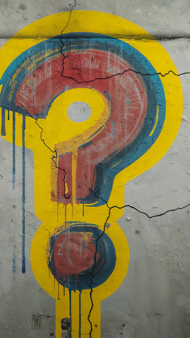 Vertical video: Spraying yellow paint making red-blue question mark bolder on wall, creating drips