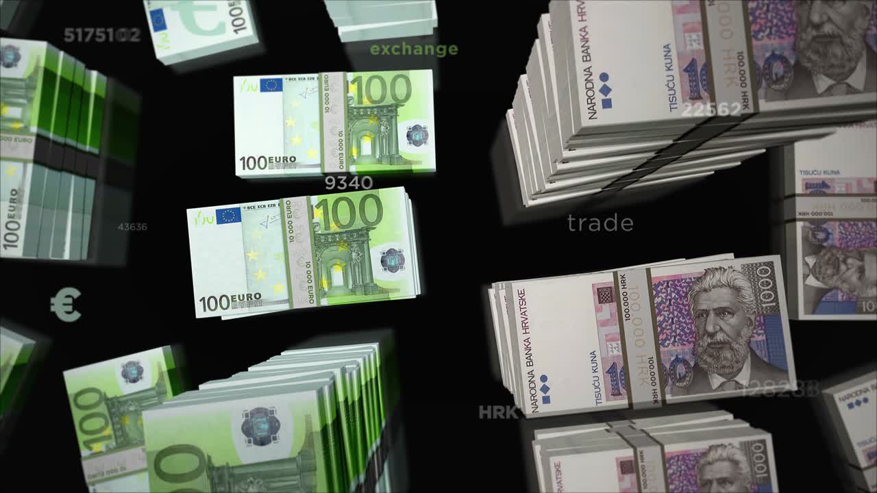 유로와 크로아티아 쿠나 화폐 교환 루프 애니메이션