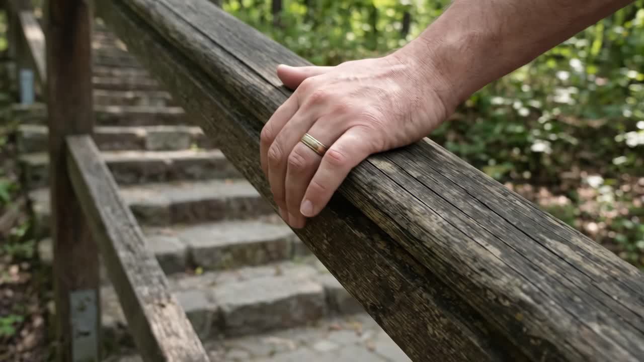 Man's Hand with Wedding Ring Resting on Wooden Railing