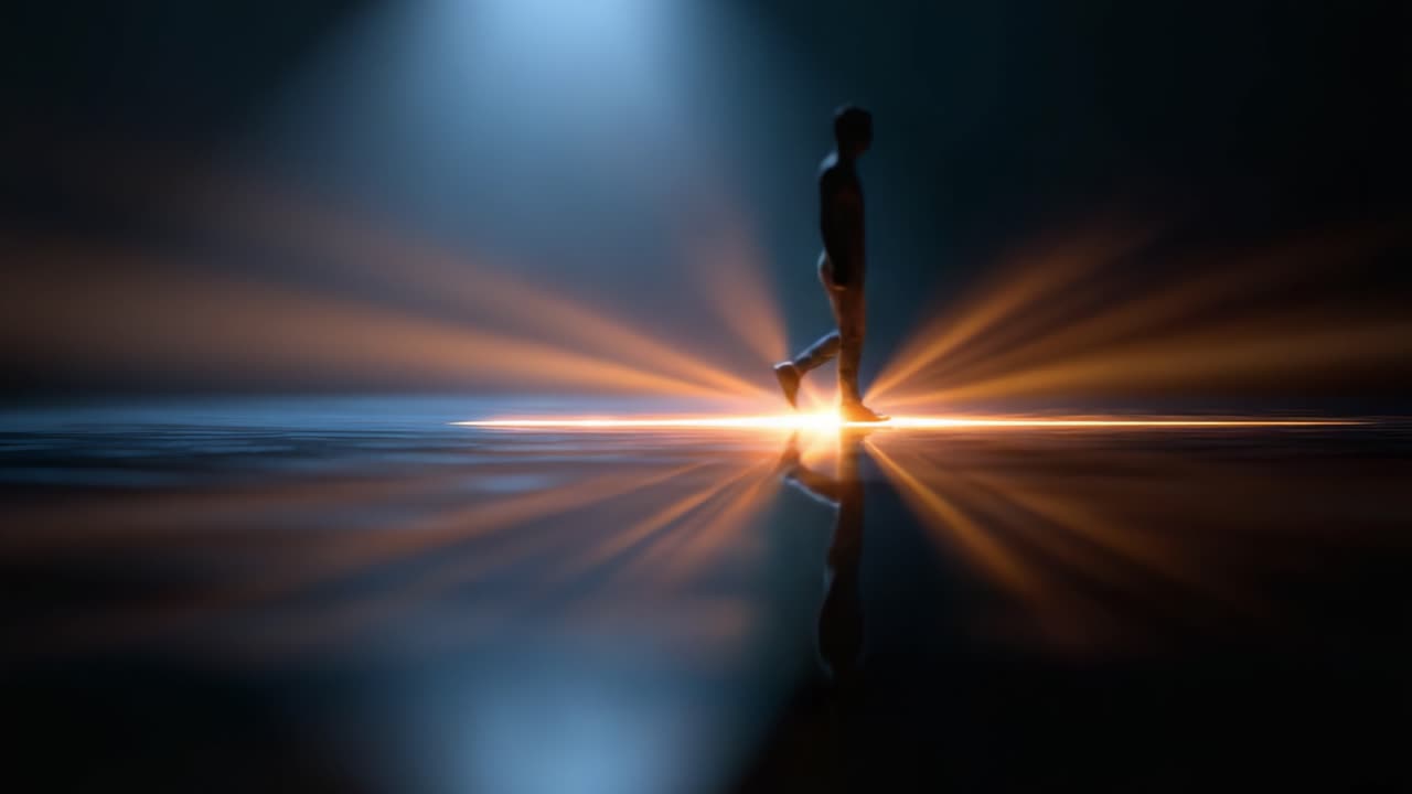 A solitary figure walks through a captivating scene of light and shadow, creating a mesmerizing atmosphere where reflections dance across the still surface below