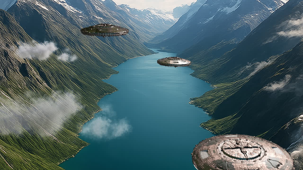 Multiple UFOs over fjord lake