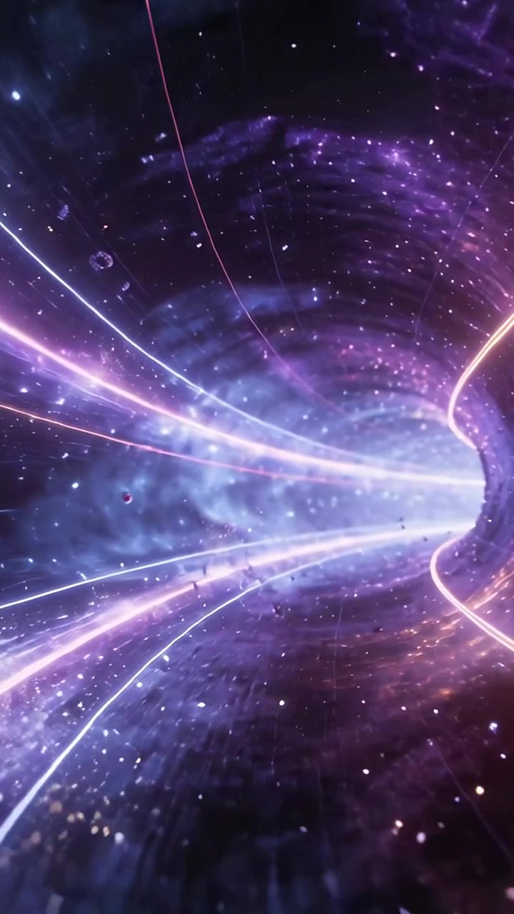 Vertical video: Moving camera urging wormhole tunnel drawing ribbons and rocks into portal in space