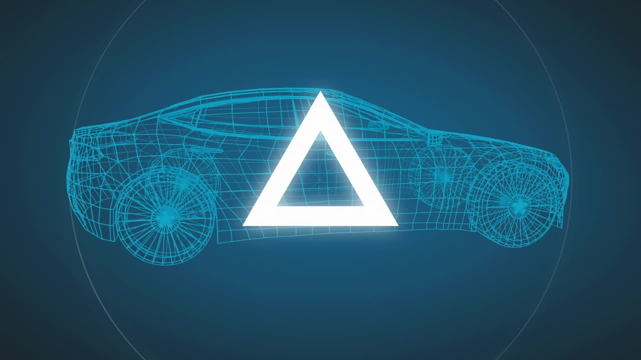 animación de formas blancas sobre un modelo de coche digital sobre un fondo azul.