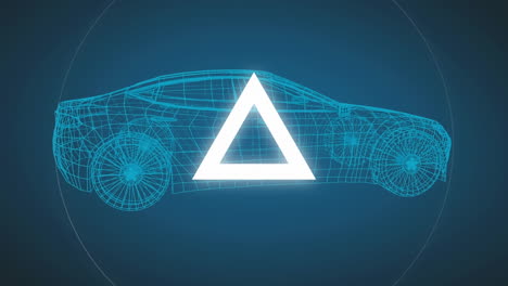 Animation of white shapes over digital car model on blue background