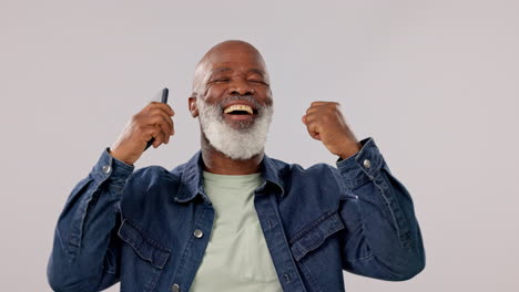 Face,-phone-call-and-black-man-with-celebration