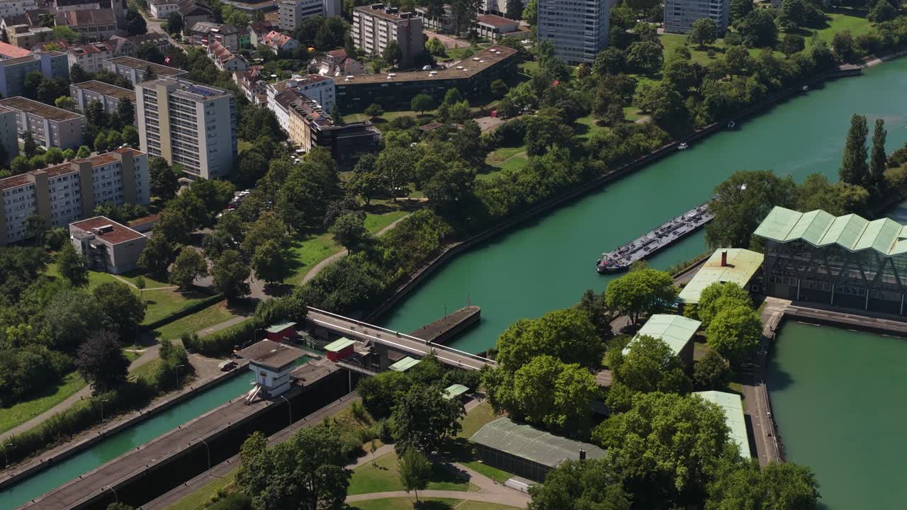 Schleuse Nord Süd Kraftwerkinsel, sluices in Basel, Switzerland, Aerial drone video