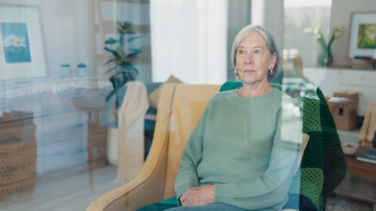 사고, 스트레스, 의자에 앉은 고령 여성