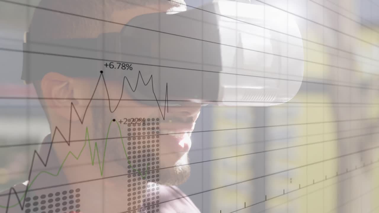 Animation of financial data processing over businessman using vr headset