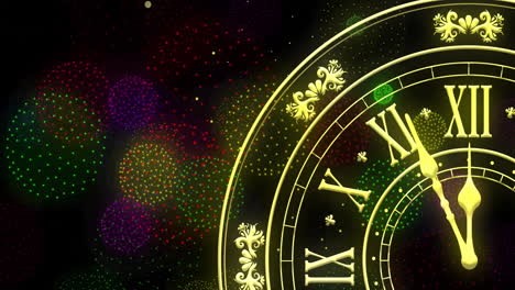 animation of clock showing midnight and fireworks exploding on black background