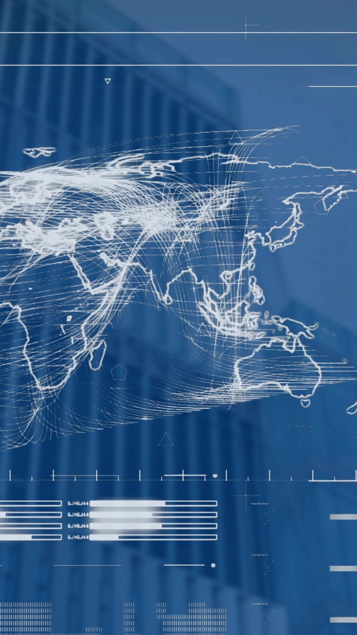 Animation of interface with data processing and world map against low angle view of tall building