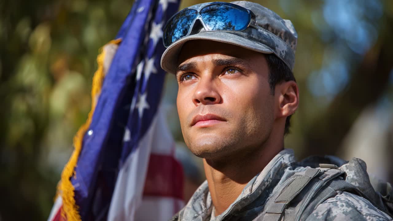 A Soldier's Resolve: A Determined Military Personnel Standing Proudly Under the Clear Sky, Gazing Toward the Future with the American Flag Draped Behind Him, Embodying Courage and Patriotism in an Incredibly Powerful Moment