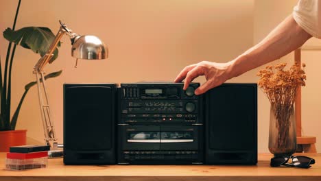 retro radio tape recorder, audio cassette close-up. listening to music, old radio boom box player, macro of vintage music listening. . high quality 4k footage