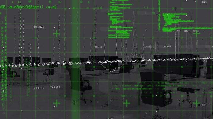 Animation of data processing and office over shapes