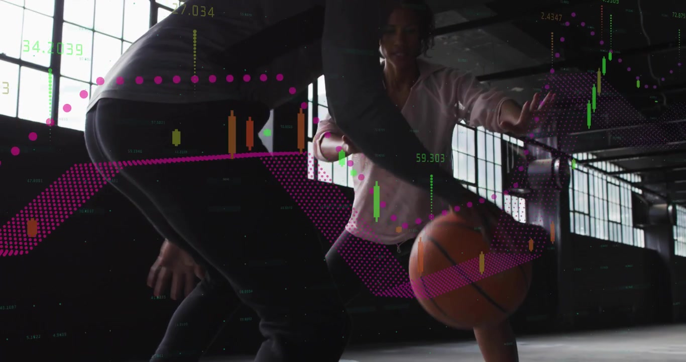 Vertical video: Man initiating dribble and woman defending in basketball drill, data graphs growing