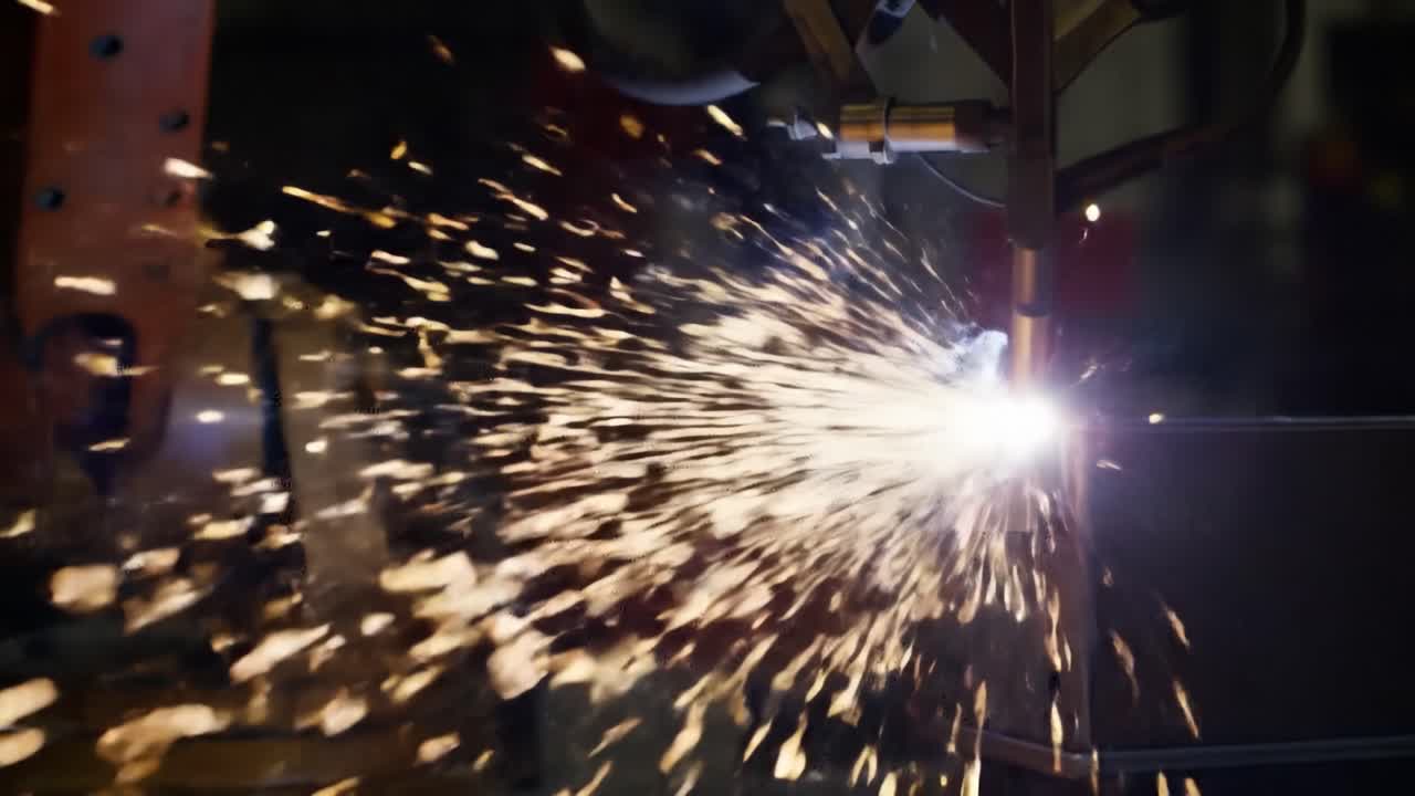 Dynamic Robotic Welding Process Captured in Action: Sparks Fly as Precision Machinery Engages in High-Intensity Fabrication Techniques