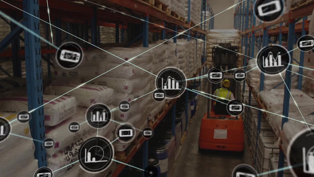 On sensor ping forklift and driver driving down aisle as network icons emerging, mapping stock data