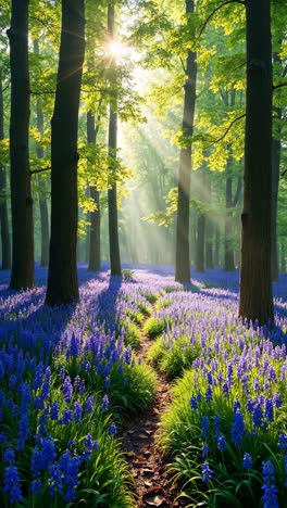 sunlit forest path with bluebells