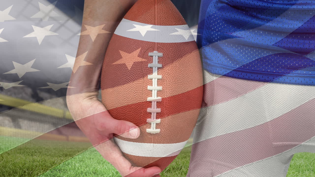 Bandiera americana che sventola sopra la parte centrale del corpo di un giocatore di rugby maschio che tiene un pallone contro uno stadio sportivo